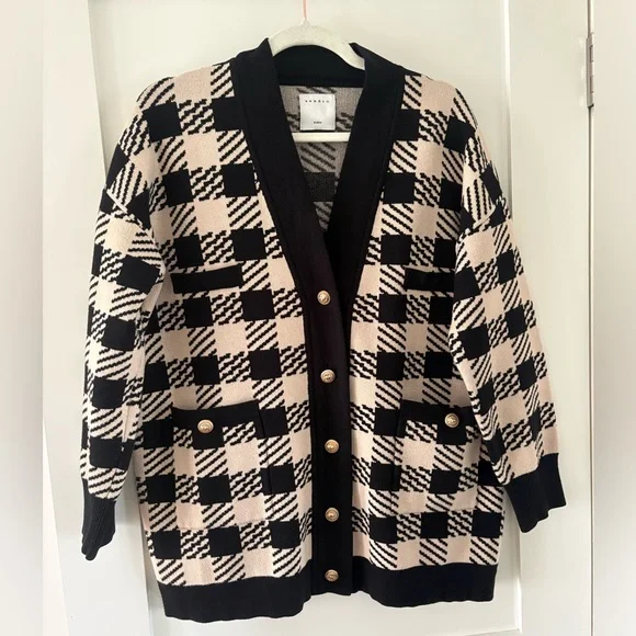 Sandro Checkered Knit Cardigan oversized Black Cream Gold Button V‑neck - Picture 1 of 7